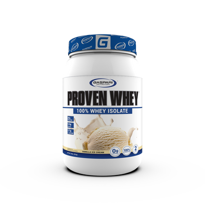 Side view of a PROVEN WHEY Vanilla Ice Cream flavor container featuring nutritional values and suggested use.