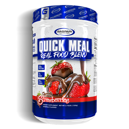 Container of Gaspari Nutrition Quick Meal Real Food Blend in chocolate-covered strawberries flavor, featuring nutritional highlights such as 25g of protein, 7g of fiber, and 17g of carbs.